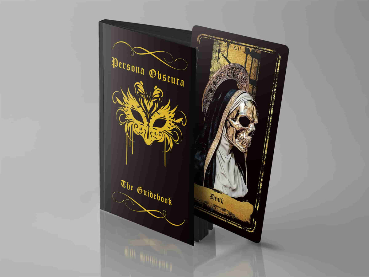 Guía impresa de Persona Obscura y cartas de tarot con cantos dorados