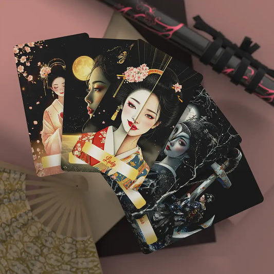 Geisha Lenormand deck featuring Lady, Anchor, and Moon cards, beautiful geisha artwork with gold accents
