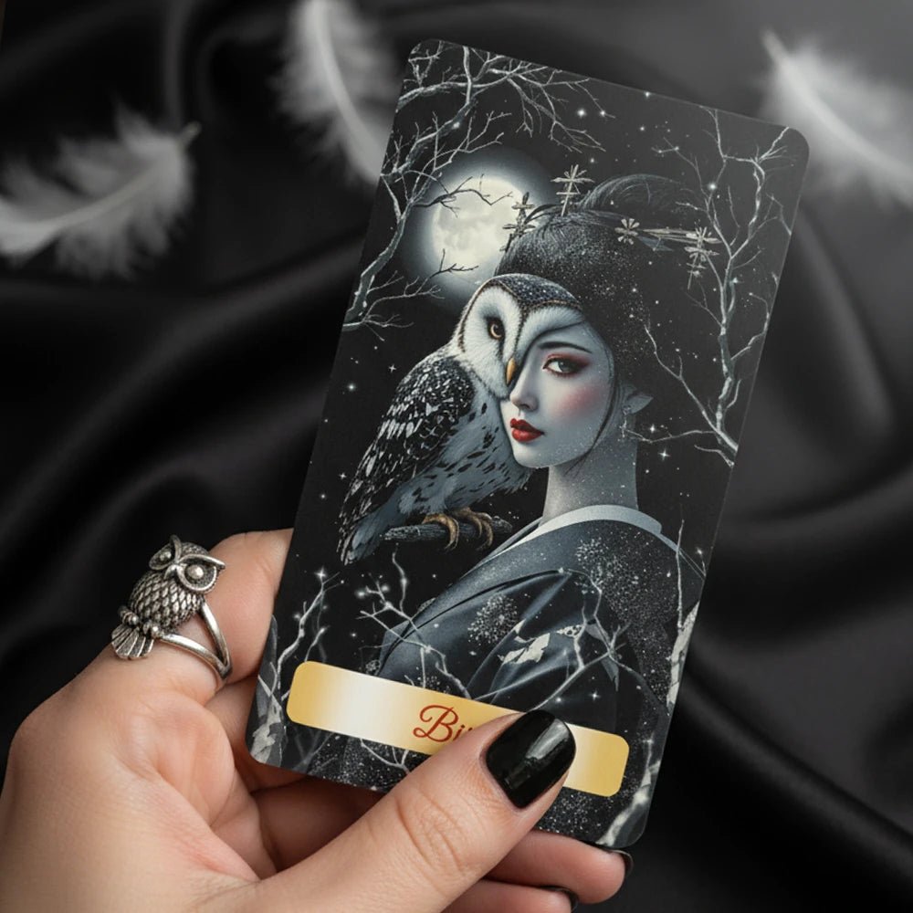 Geisha no Tamashii Tabi Birds card featuring geisha with owl under moonlight, dark Japanese aesthetic close-up in hand