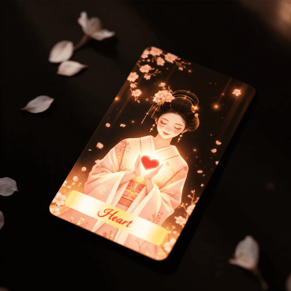 Geisha no Tamashii Tabi Heart card with glowing heart symbol, soft lighting and delicate Japanese illustration