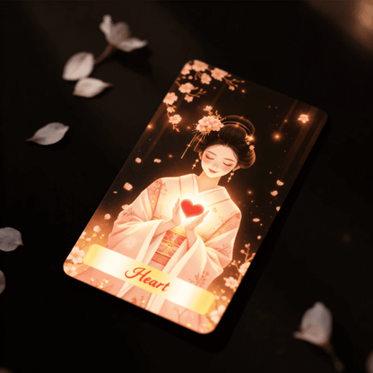 Geisha no Tamashii Tabi Heart card with glowing heart symbol, soft lighting and delicate Japanese illustration