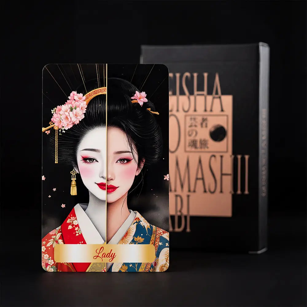 Geisha no Tamashii Tabi Lenormand deck featuring Lady card in front of matte black box with elegant Japanese-inspired design
