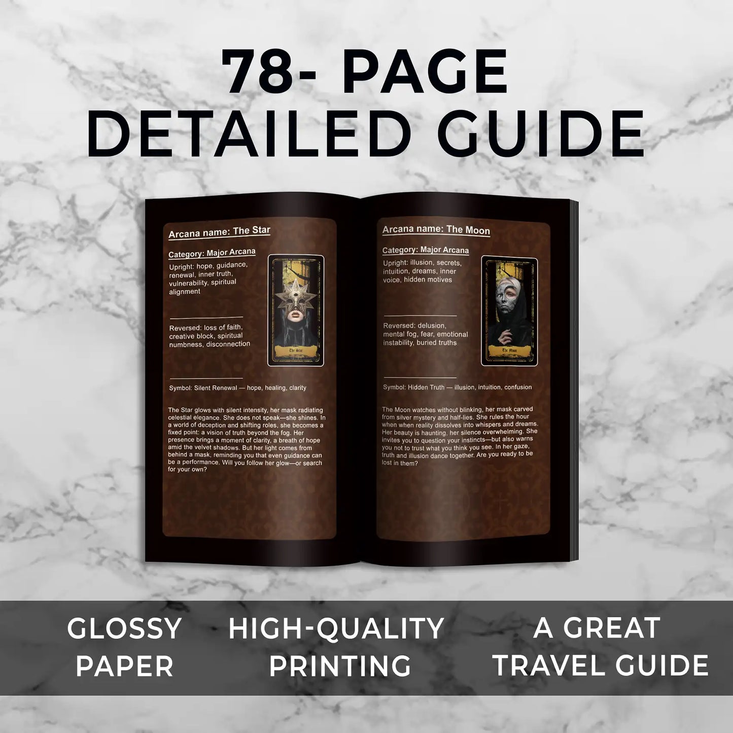 Open guidebook showing detailed pages with text and images on a marble background