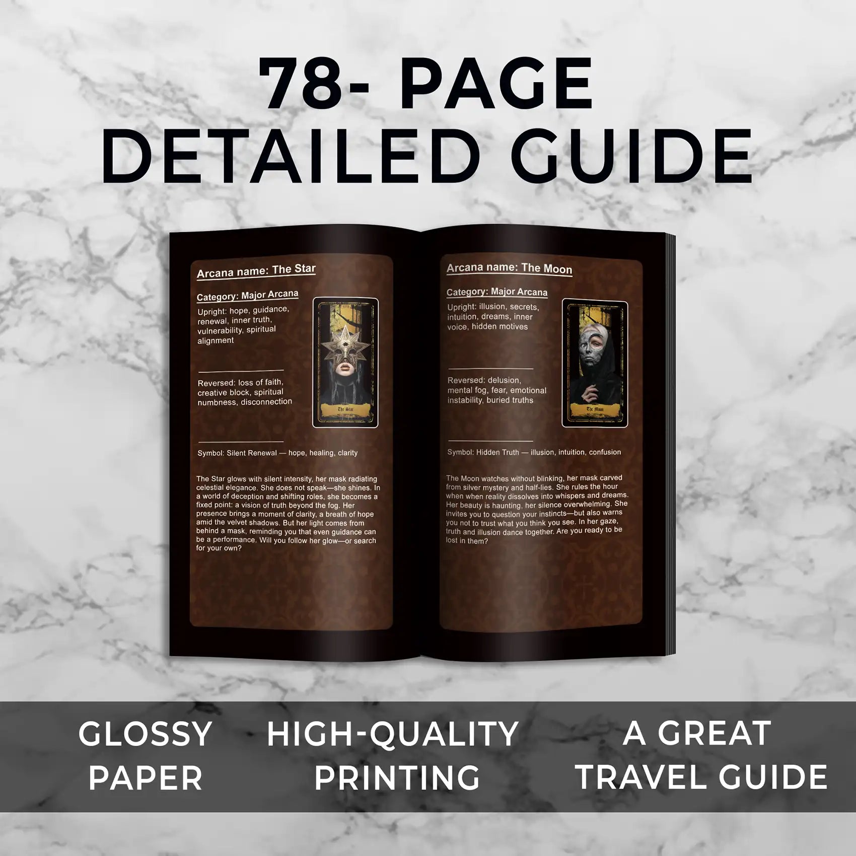 Open guidebook showing detailed pages with text and images on a marble background