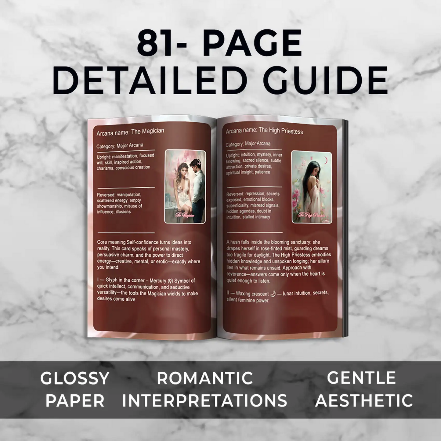 Open guidebook with detailed guide on a marble background, featuring glossy paper and romantic interpretations.