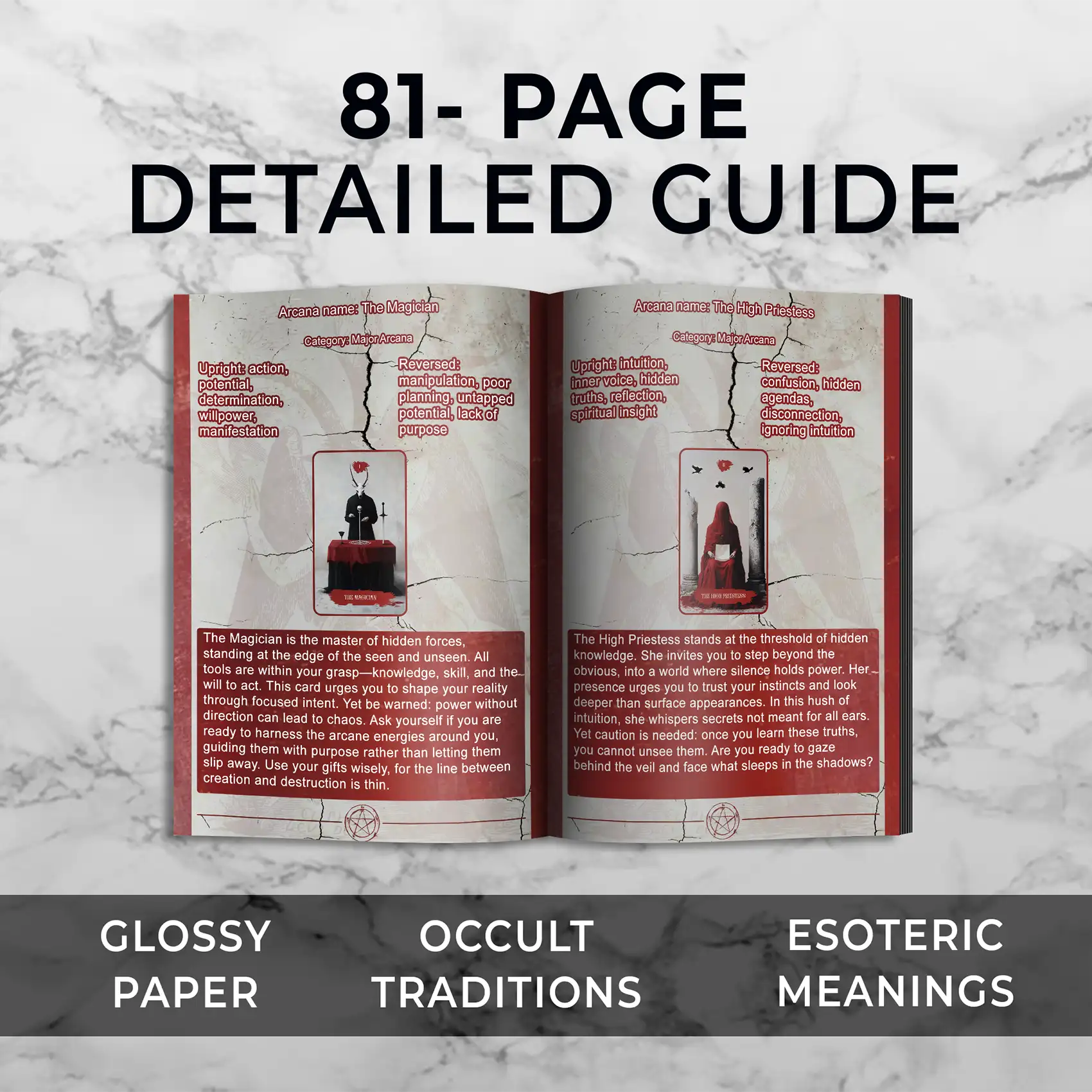 Open guidebook with red and white pages on a marble background, featuring text about glossy paper, occult traditions, and esoteric meanings.