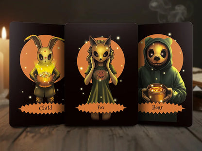 Three Halloween Oracle Lenormand cards showing Child, Fox, and Bear characters with glowing details