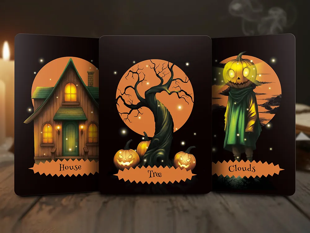 Three Halloween Oracle Lenormand cards showing House, Tree, and Clouds with glowing pumpkin elements