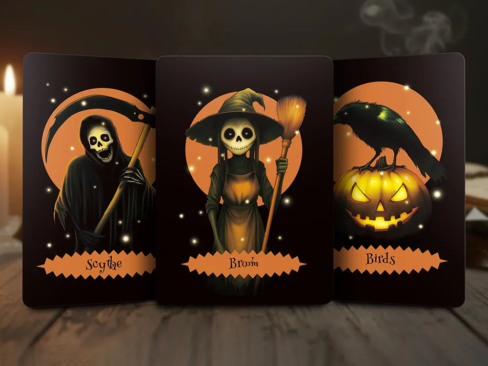 Three Halloween Oracle Lenormand cards showing Scythe, Broom, and Birds with dark Halloween theme