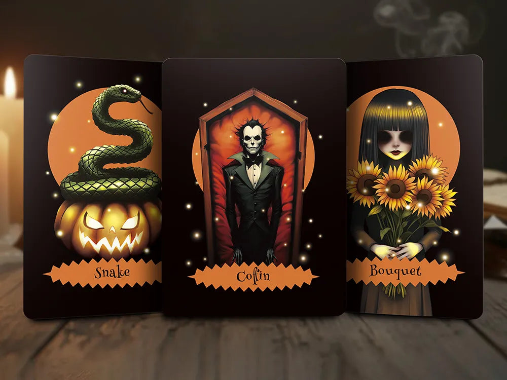 Three Halloween Oracle Lenormand cards showing Snake, Coffin, and Bouquet with dark mystical theme