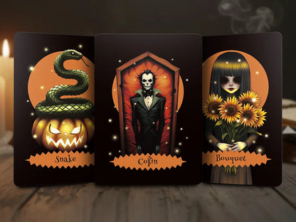 Three Halloween Oracle Lenormand cards showing Snake, Coffin, and Bouquet with dark mystical theme