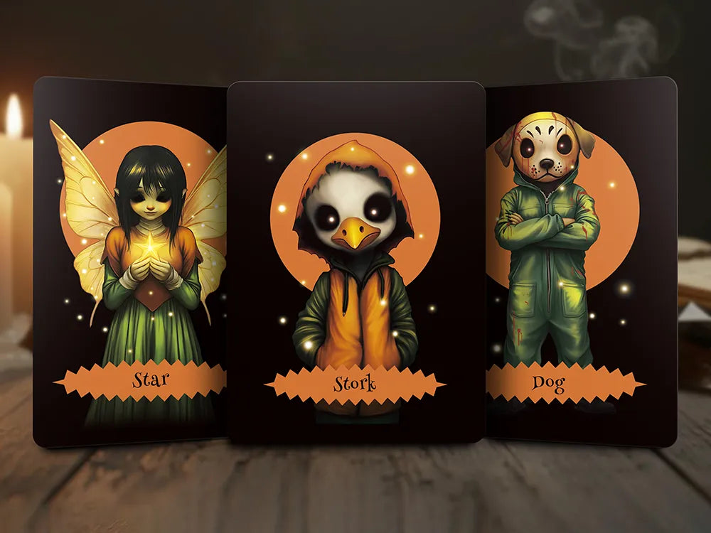 Three Halloween Oracle Lenormand cards showing Star, Stork, and Dog characters on dark background