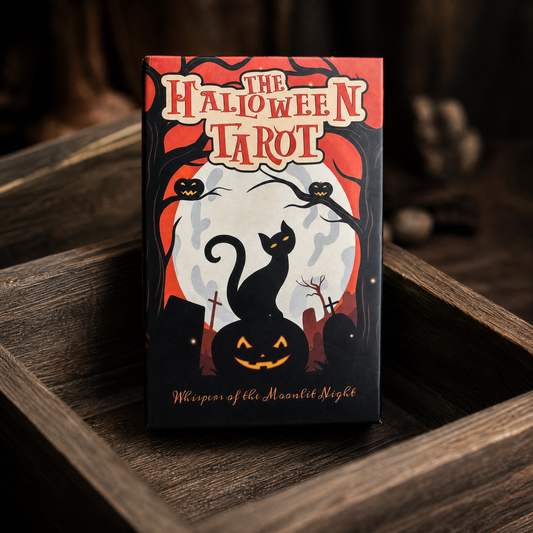 Halloween Tarot collector box standing on wooden table with black cat, pumpkin, moonlit night artwork and autumn decor