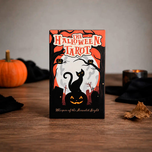Halloween Tarot collector box standing on wooden table with black cat, pumpkin, moonlit night artwork and autumn decor
