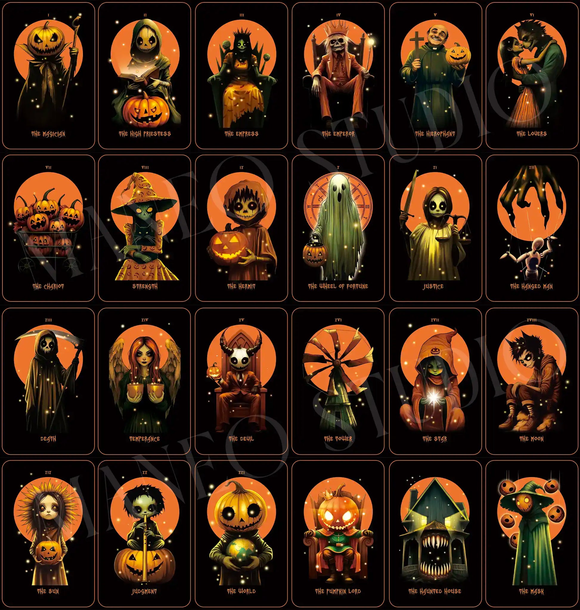 Halloween Tarot Major Arcana cards with three extra cards, featuring pumpkins, ghosts, witches, masks and dark seasonal artwork