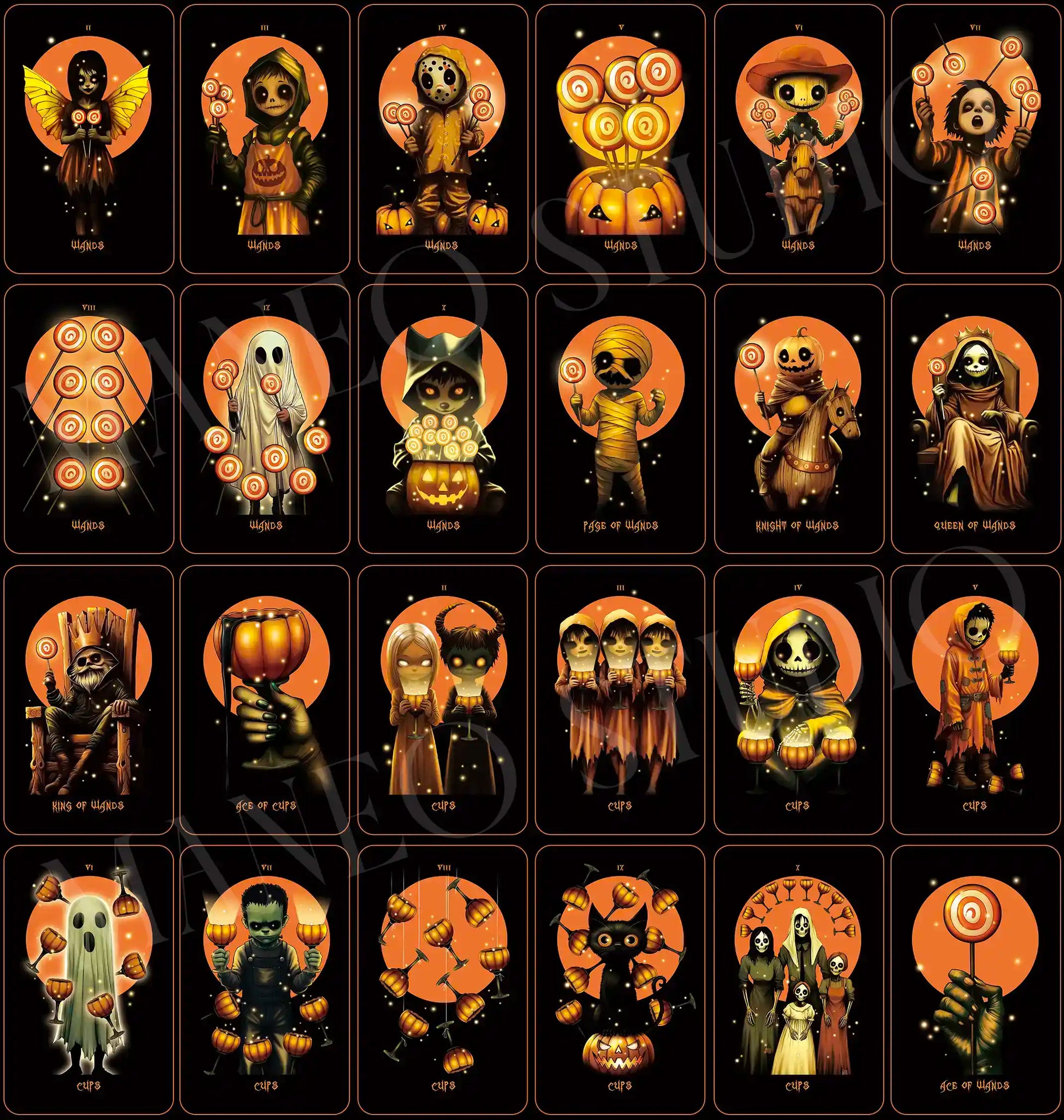 Halloween Tarot Wands and Cups card gallery with black and orange artwork, pumpkin details, ghosts and playful horror characters