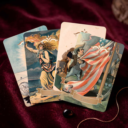 Vestige Oracle Torch and Banner cards with vintage historical poster art on burgundy velvet