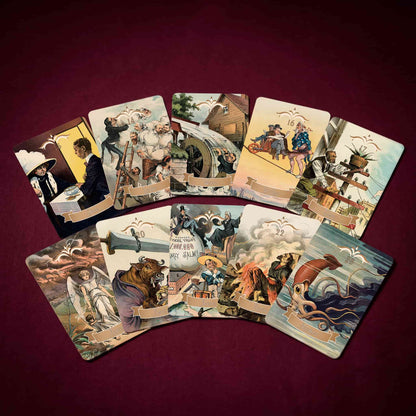 Vestige Oracle spread of ten cards with restored historical poster illustrations
