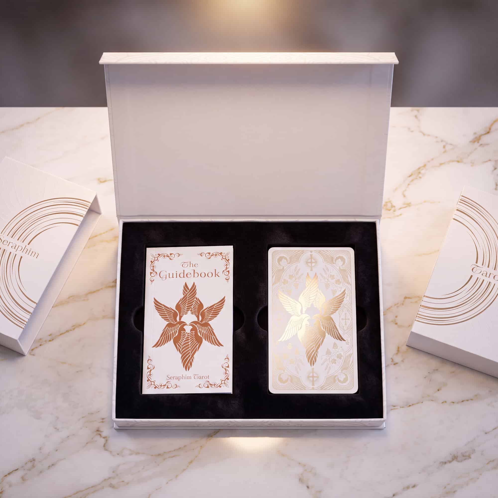 Seraphim Tarot (Tarot Rider–Waite, 78 Cards, 350gsm Linen, Silver Gilded Edges, Printed Guidebook)