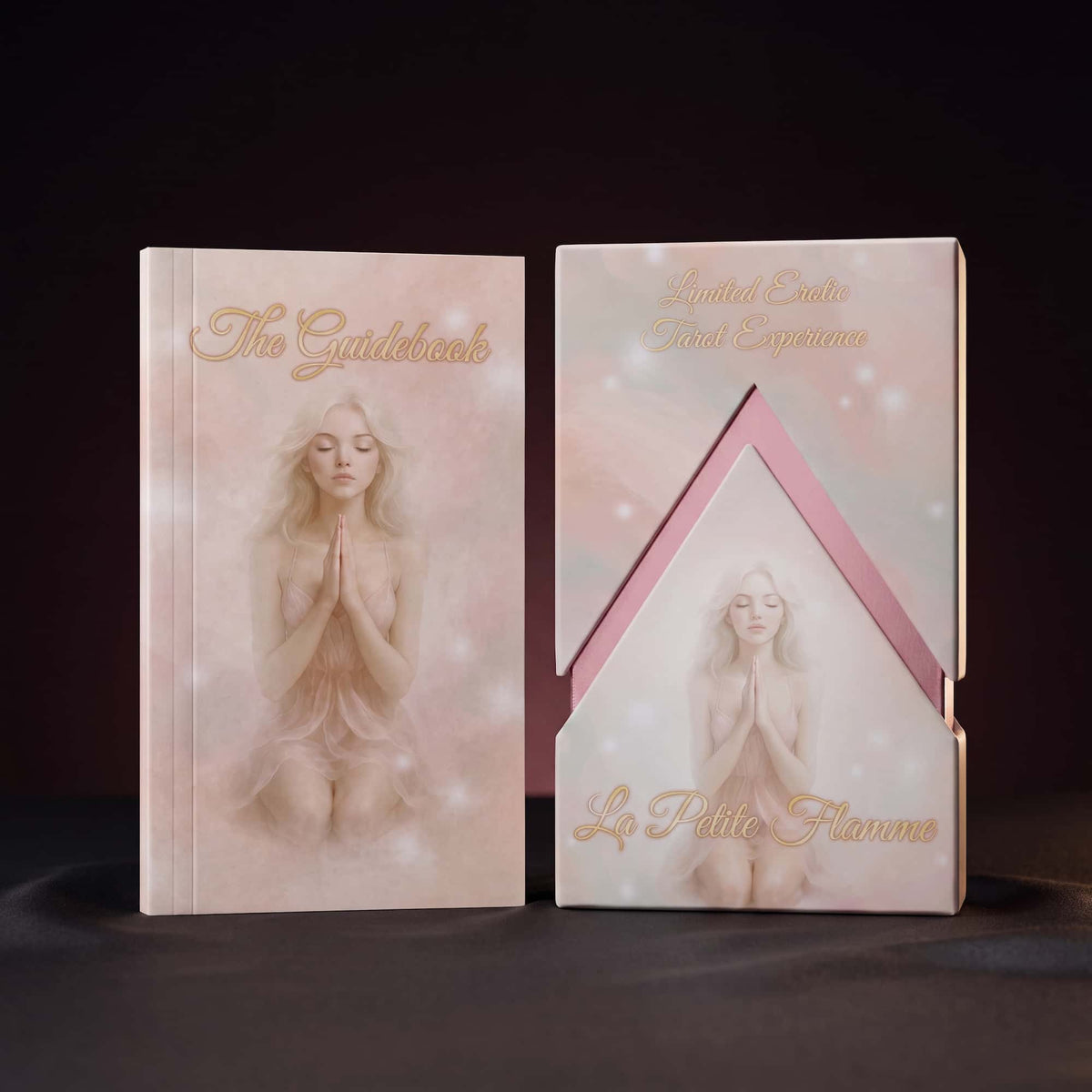 La Petite Flamme Tarot collector box and printed guidebook with praying woman artwork on dark satin