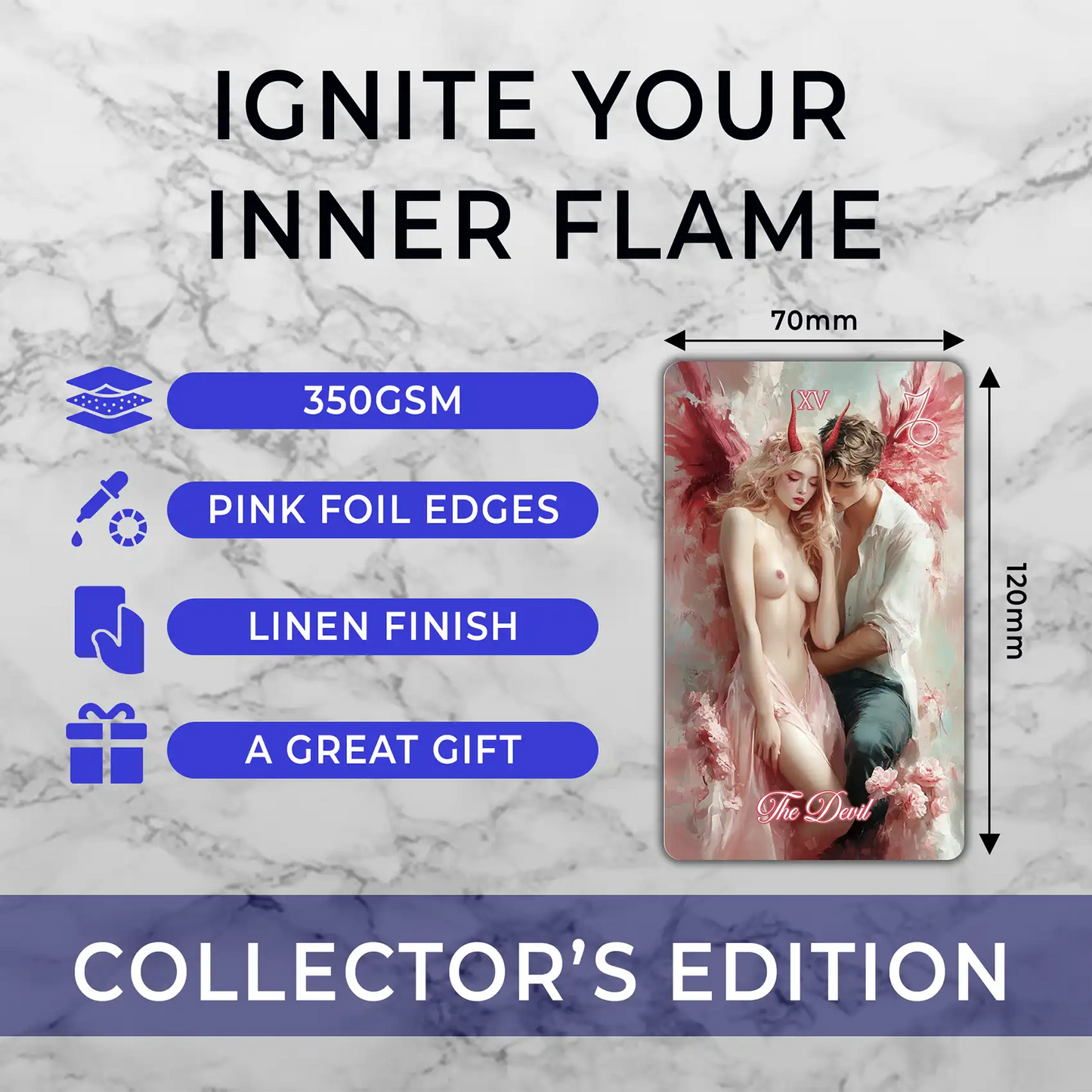 Product information with text and dimensions on a marble background showing 350 gsm , pink foil edges, linen finish 