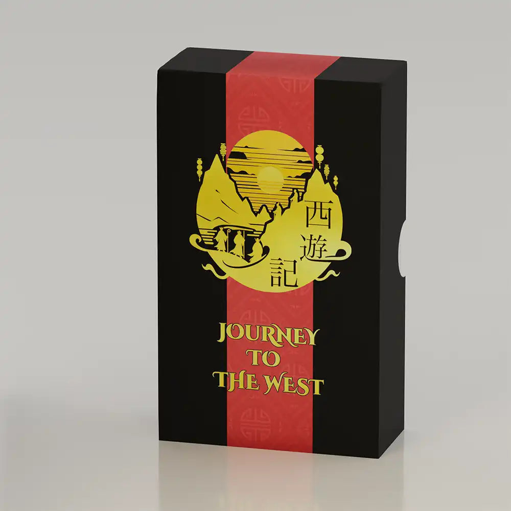 Journey to the West Tarot deck box featuring bold red and gold Chinese motifs with a sunset mountain logo and traditional typography