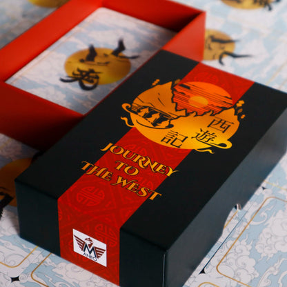 Journey to the West Tarot open box with red interior showing the crane card back