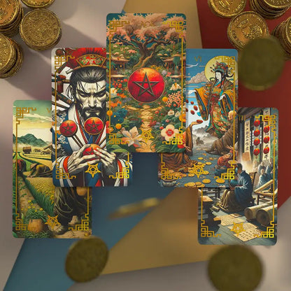 Journey to the West Tarot Pentacles cards with red pentacle coins, a warrior King and a scholar, among gold coins