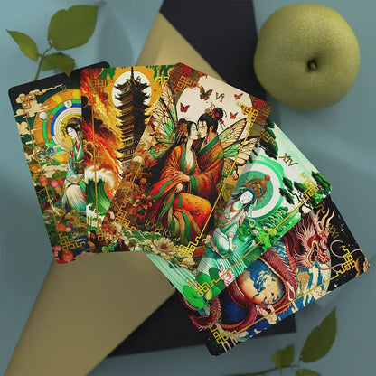 Journey to the West Tarot major arcana fanned out: The Lovers with butterfly wings, a pagoda, a goddess and a dragon