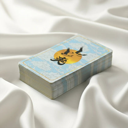Journey to the West Tarot deck on white silk, light blue cloud card back with cranes and golden sun