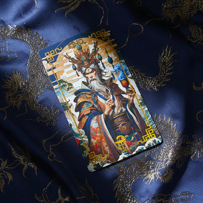 Journey to the West Tarot King card, white-bearded sage emperor, on navy silk with gold dragons