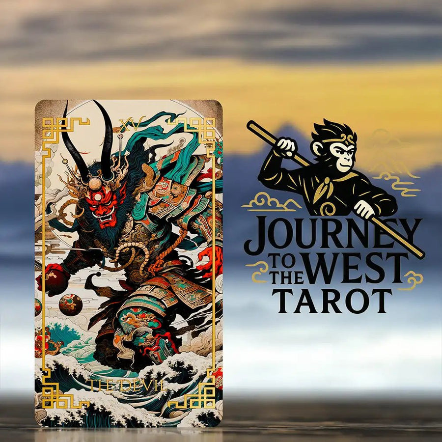Journey to the West Tarot The Devil card, red-faced demon warrior over waves, next to the Monkey King logo