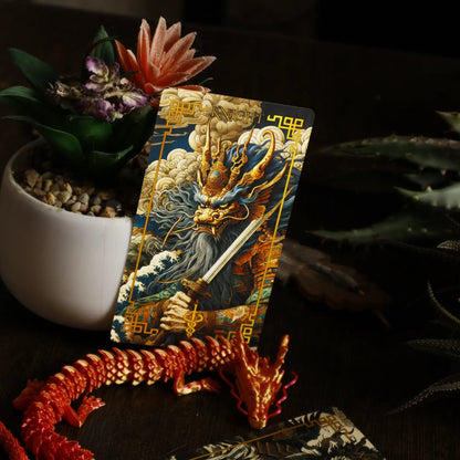 Journey to the West Tarot Knight card, golden dragon warrior with a sword, beside a dragon figurine