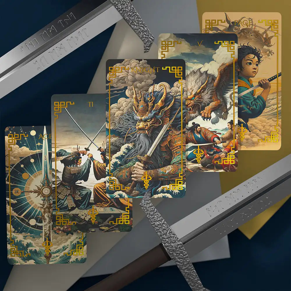 Suit of Swords cards from Journey to the West Tarot deck, showcasing epic battles, blades, and mythological creatures.