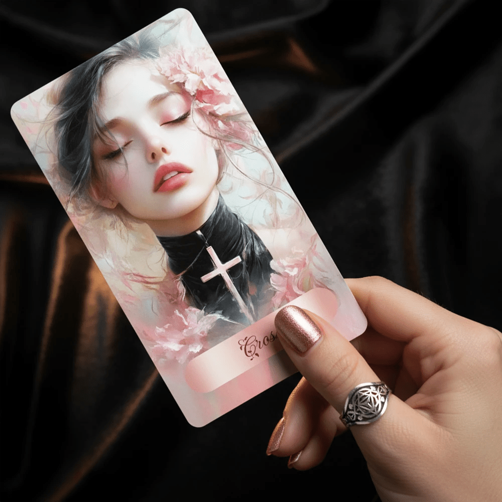La Petite Braise Lenormand Cross card close-up held in hand soft pastel romantic oracle deck