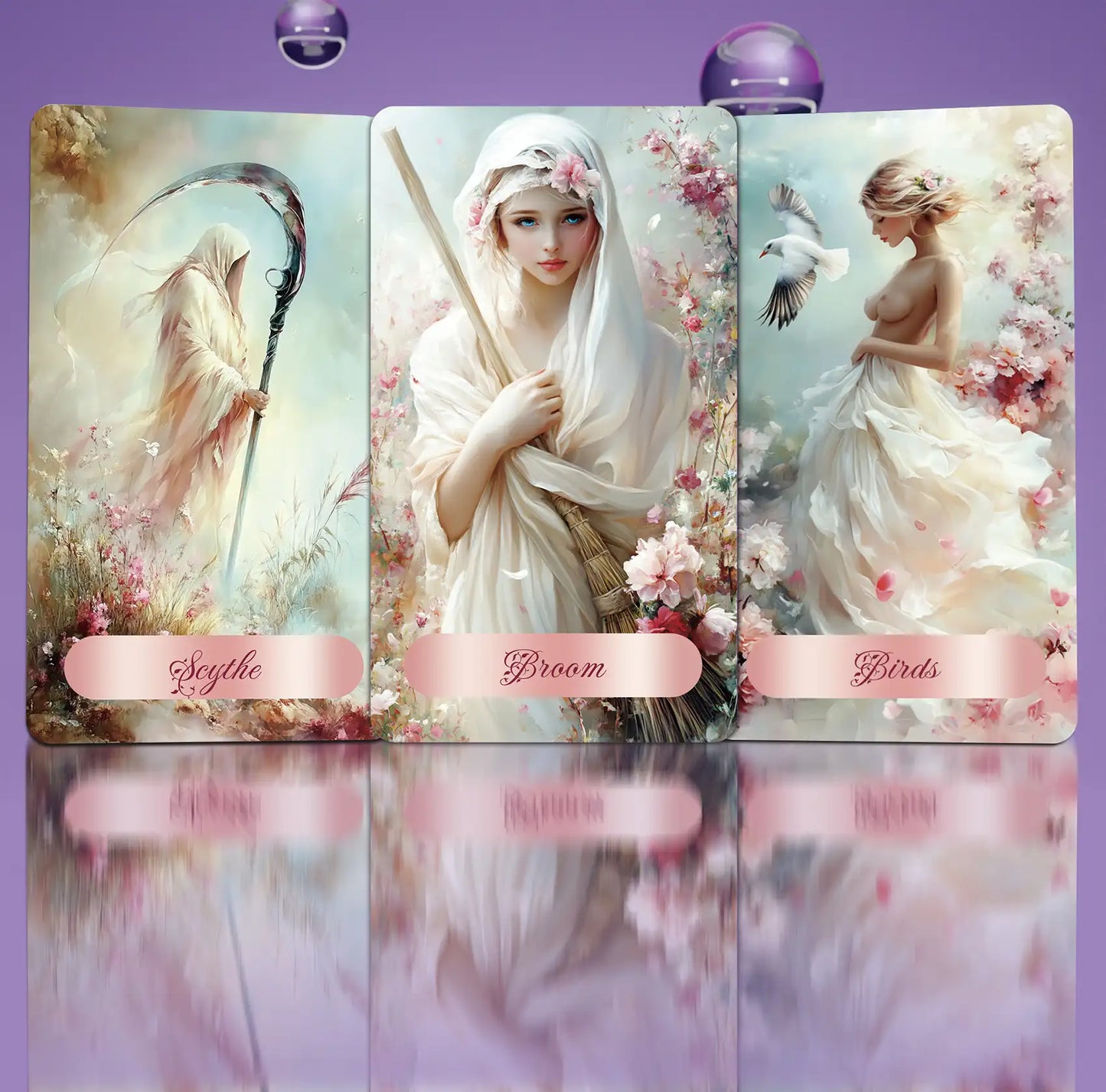 Triptych of artistic illustrations with women holding a scythe, broom, and birds on a purple background.