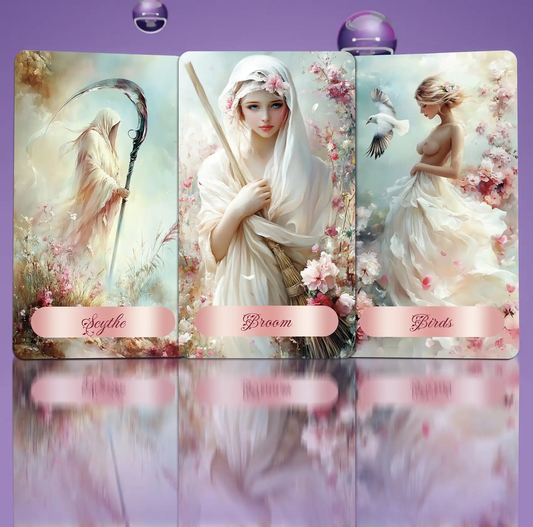 Triptych of artistic illustrations with women holding a scythe, broom, and birds on a purple background.