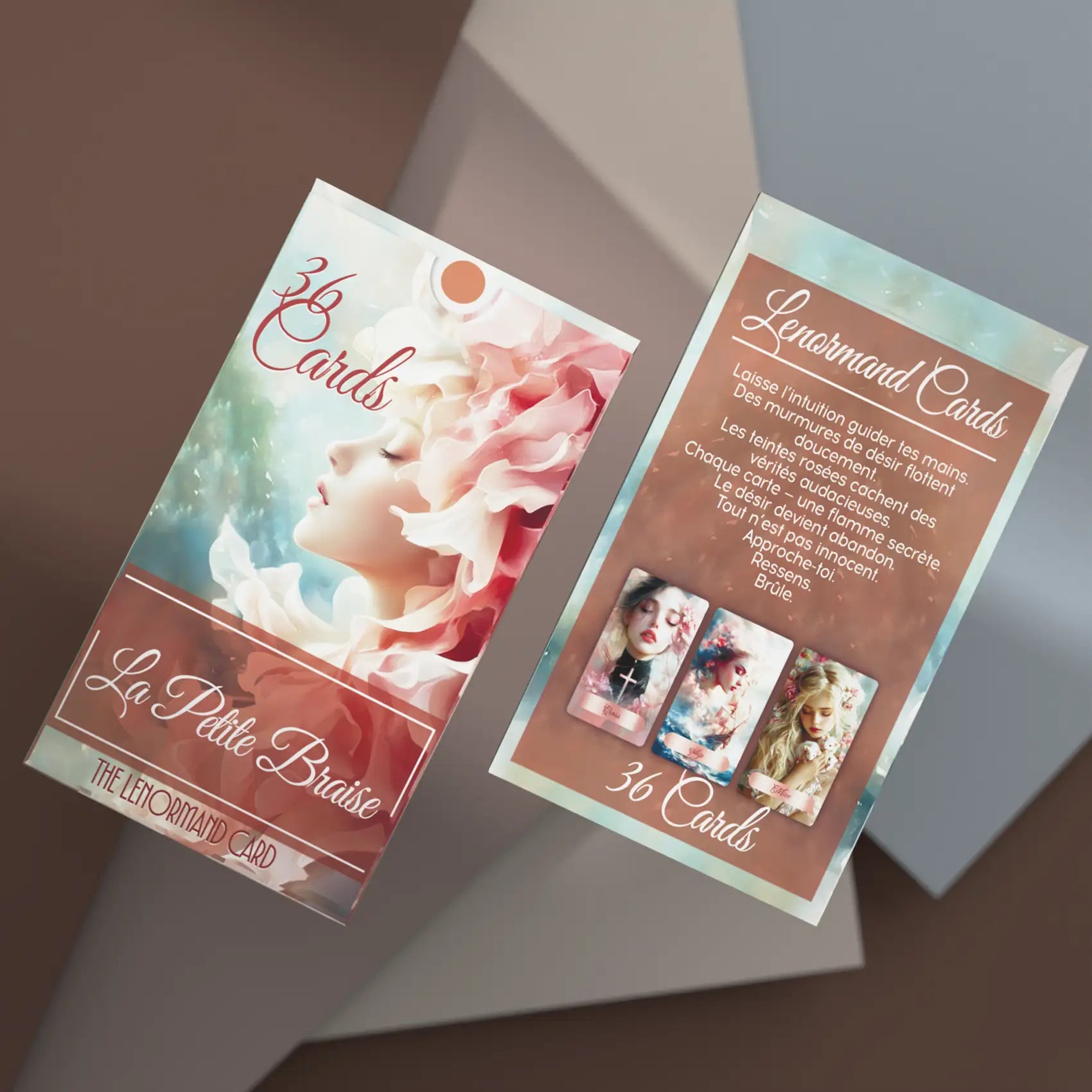 Two Lenormand deck packaging with a woman's face and cards on a gradient background