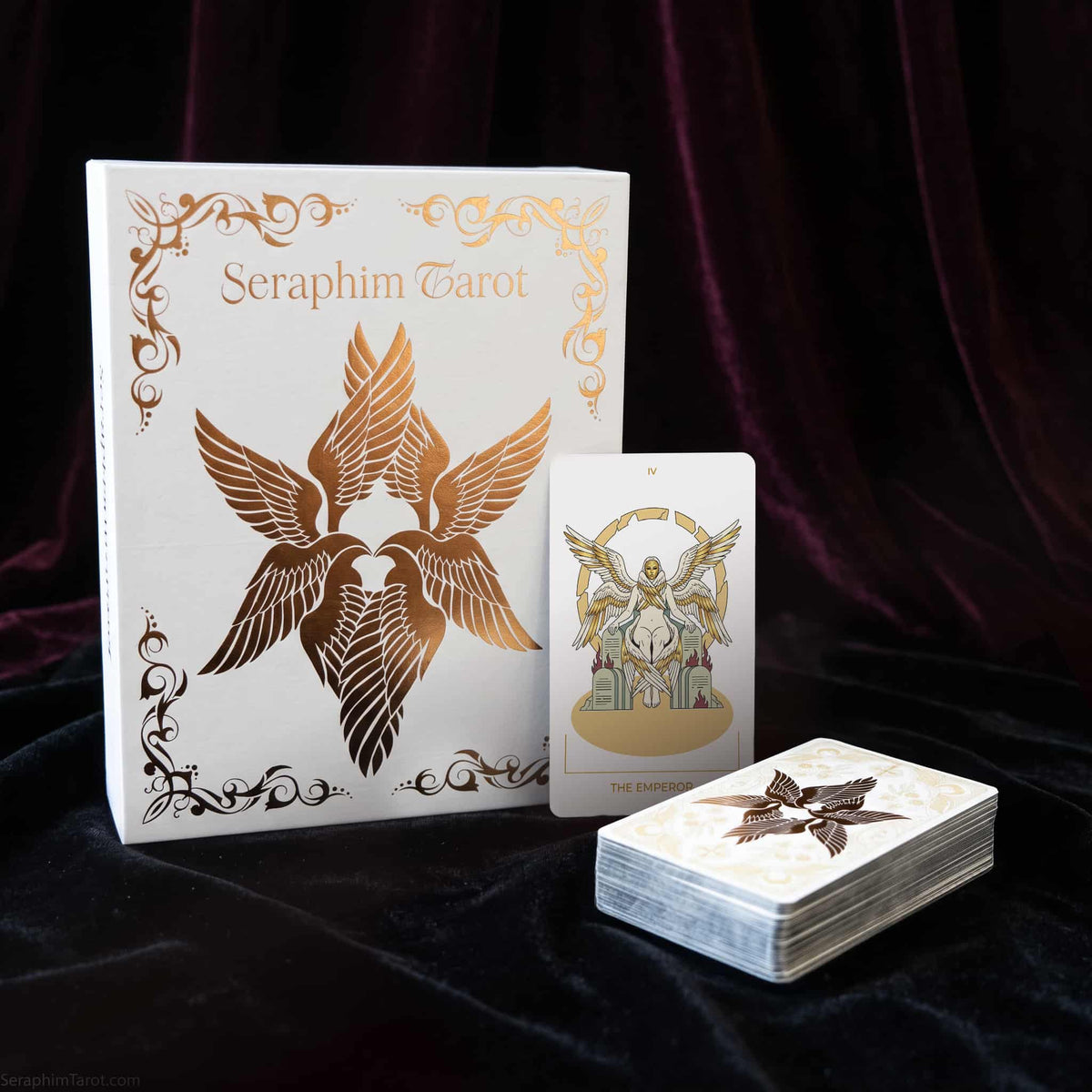 Seraphim Tarot white box with gold foil six-winged seraph, The Empress card and silver-edged deck