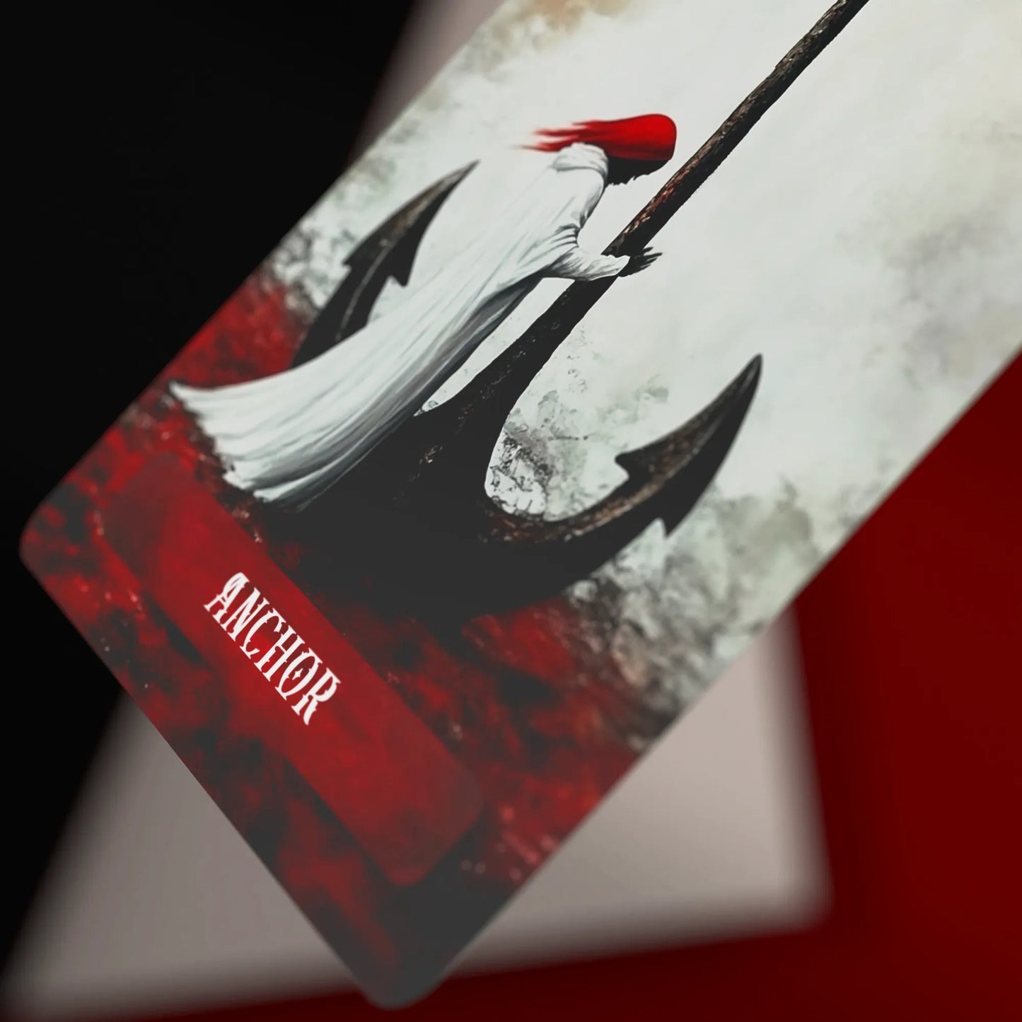 Occult Lenormand Anchor card with figure and large anchor in red black minimalist style