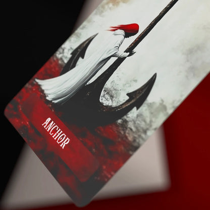 Occult Lenormand Anchor card with figure and large anchor in red black minimalist style