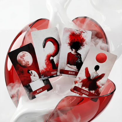 Occult Lenormand cards Moon Snake Birds and Clouds in red and black minimalist style with abstract glass and smoke background