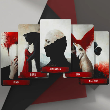 Occult Lenormand card set including Mountain Bear Fox Ring and Clover in red black minimalist style