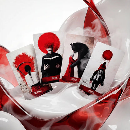 Occult Lenormand cards with red and black minimalist design featuring symbolic figures scythe book bear and rider in abstract glass setting