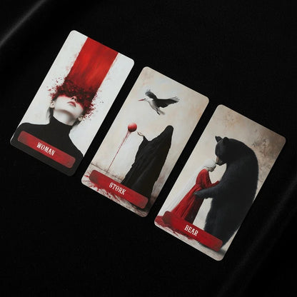 Occult Lenormand cards Woman Stork and Bear arranged on black background with red minimalist symbolism