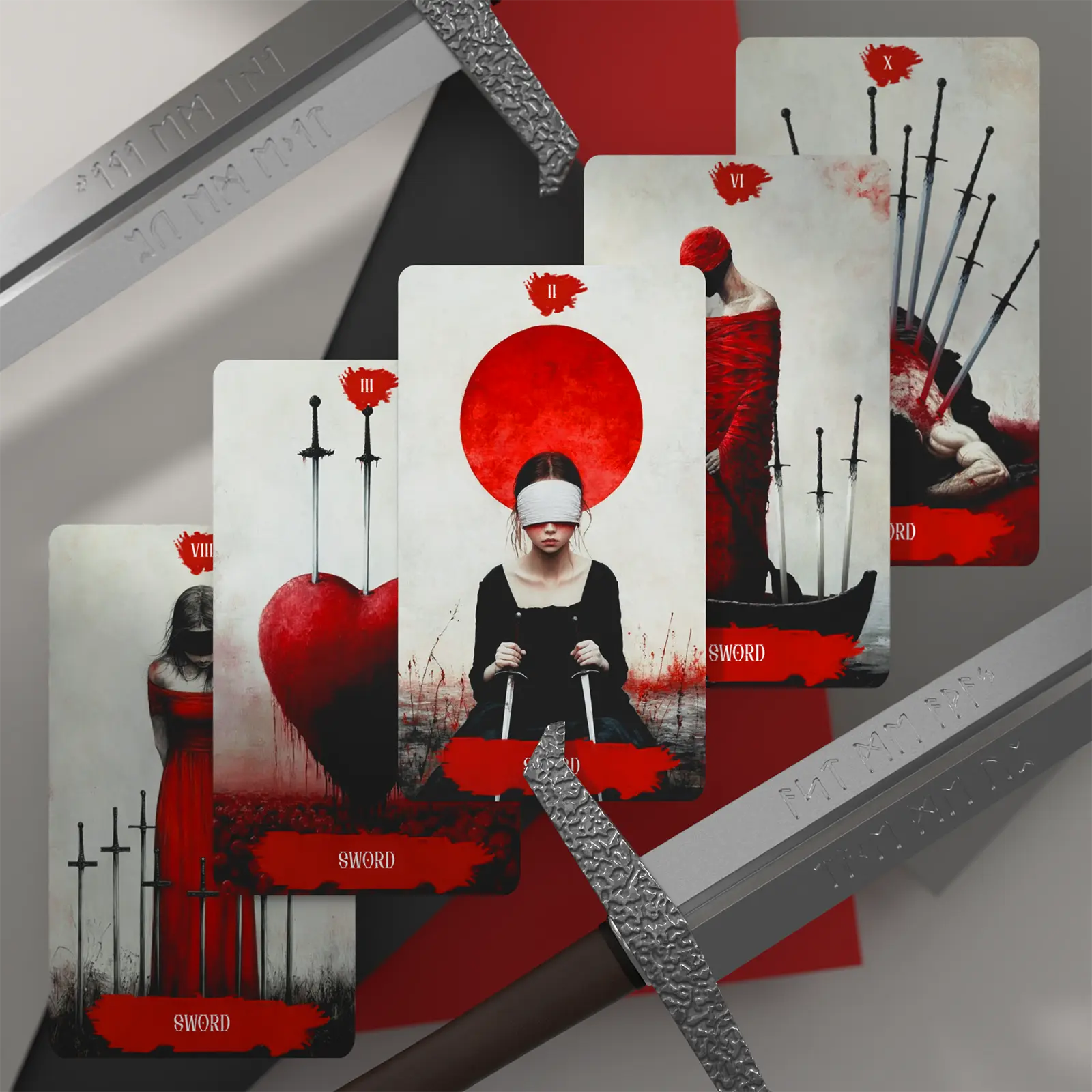 Set of tarot cards with red and black design elements on a metallic surface.