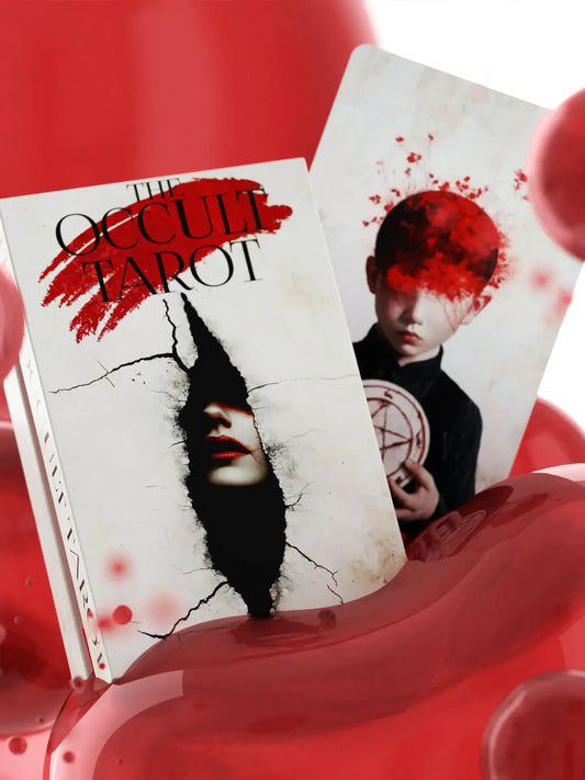 tarot titled 'The Occult Tarot' with a tarot card  page of pentacles featuring a person with a red mark on their face against a red background.