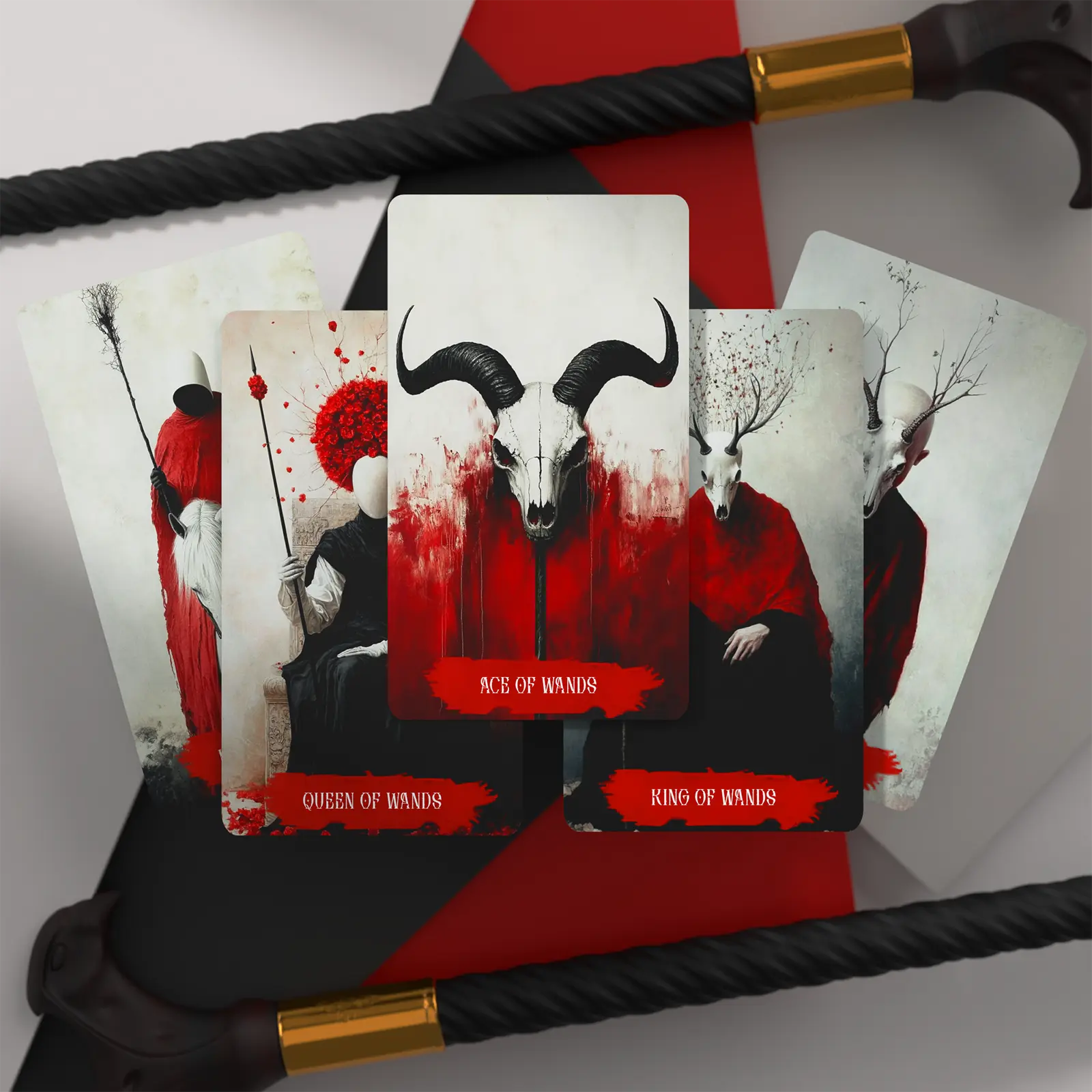 Tarot cards with red and black design featuring a bull's head and other figures, with a staff and rope in the foreground.