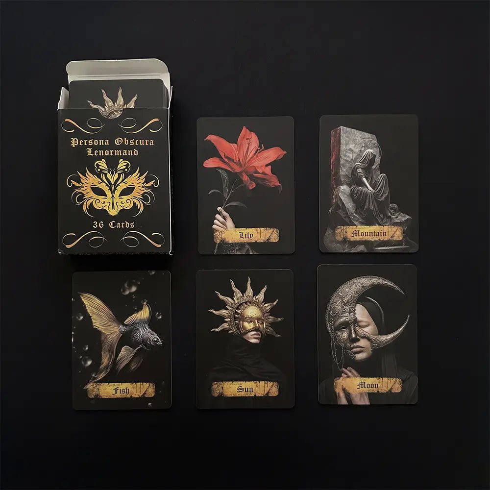 Persona Obscura (36 Cards, Lenormand System, 350gsm Linen, Matte Box, Poker Size, Digital Guidebook) - ManeoShop