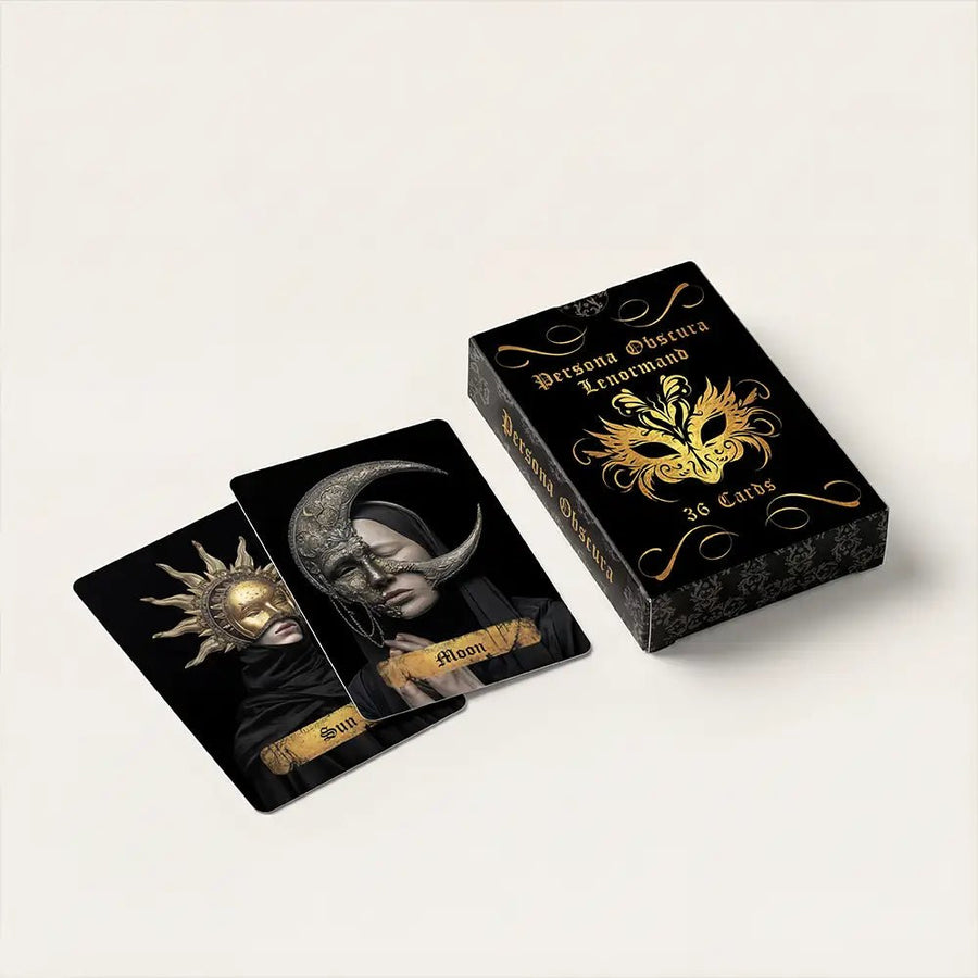 Persona Obscura Lenormand deck with Sun and Moon cards luxury black gold box masquerade style oracle